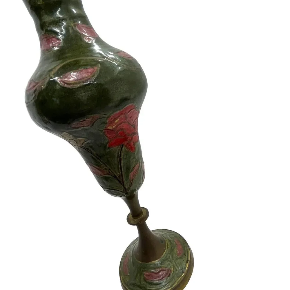 Brass Enamel Vase Footed Fluted Top Green Pink Cream Vintage MCM Retro Decor - Picture 7 of 16